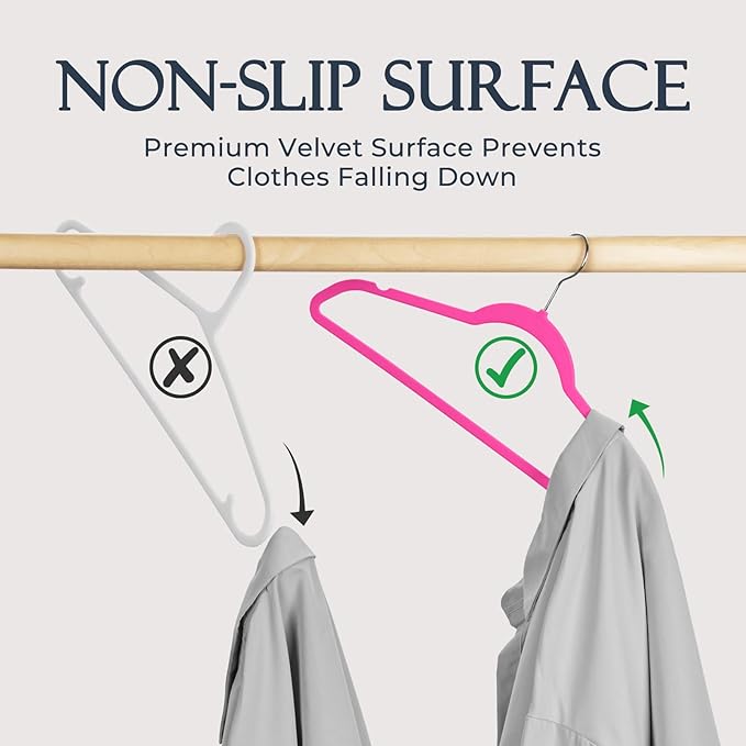 HOUSE DAY Rosy Red Velvet Hangers 60 Pack, Non Slip Clothes Felt Hanger Heavy Duty for Coat, Premium Slim Space Saving Suit Hangers for Closet Organizer, 360° Rotating Silver Hook