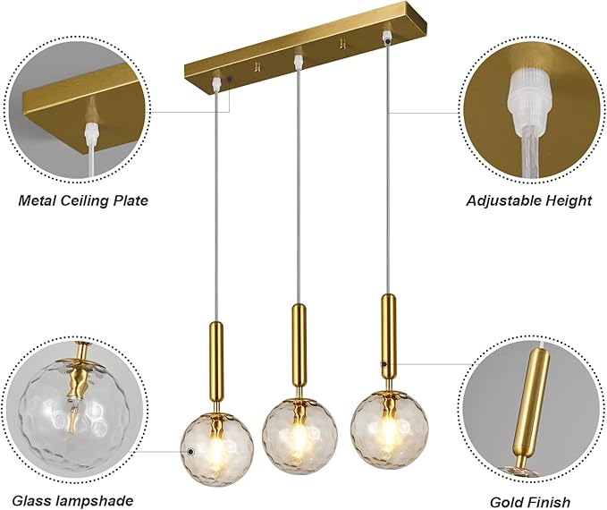 Mid Century Globe Pendant Light with Clear Glass for Kitchen Island Modern Gold Finish Hanging Light Fixture Retro Round Pendant Lighting for Living Room Bedroom Entryway(3-Light)