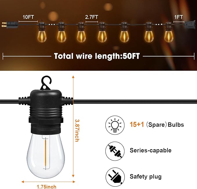 50FT LED Outdoor String Lights with 17 Shatterproof Waterproof S14 Replaceable Bulbs(2 Spare), 2700K Commercial Grade Patio Lights, Outside Hanging Light for Yard Garden Porch Deck Decor