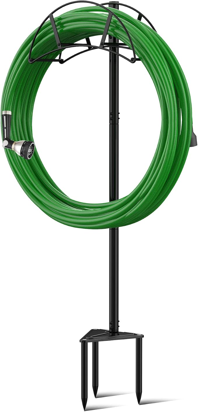 Meykwod Garden Hose Stand/Hanger Freestanding, Heavy Duty In-Ground Hose Rack Organizer for Outside Yard, Sturdy to Hold 150ft (Metal, Black)