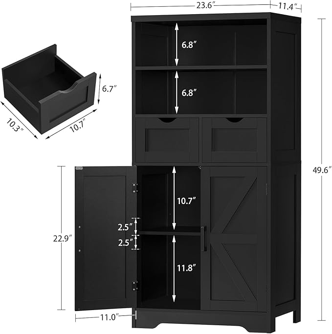 TEENFON Storage Cabinet with Doors & 2 Drawers, Kitchen Cabinet with Adjustable Shelf, Pantry Cabinets, Bathroom Cabinets, for Living Room, Entryway, Home Office, Black