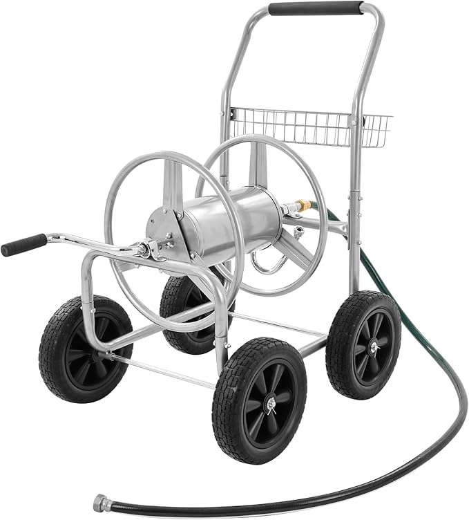 VEVOR Hose Reel Cart, Hold Up to 250 ft of 5/8’’ Hose, Garden Water Hose Carts Mobile Tools with 4 Wheels, Heavy Duty Powder-Coated Steel Outdoor Planting with Storage Basket, for Garden, Yard, Lawn
