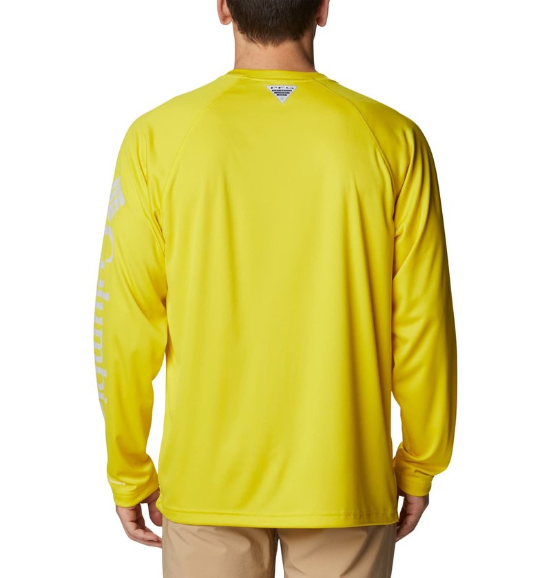 Columbia Men's Terminal Tackle Long Sleeve Fishing Shirt, Laser Lemon/Cool Grey Logo, X-Large