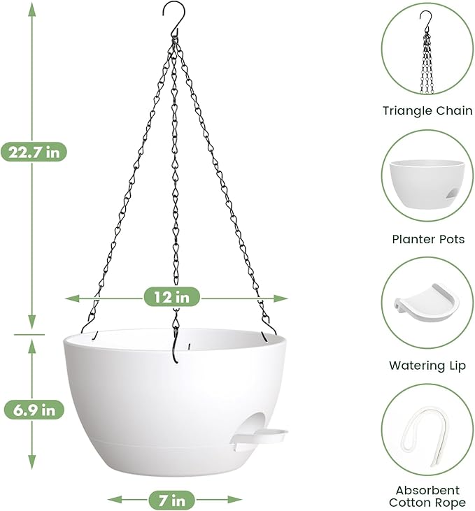 2 Pack 12 Hanging Flower Pots with Chains - Self Watering Plastic Planters for Indoor & Outdoor Plants, Sturdy Triangular Iron Chain Design for Garden PorchPlastic Hanging Flower pots (White)