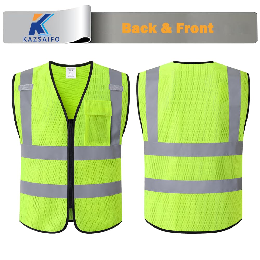 Kazsaifo Hi Vis Reflective Safety Vest for Men Women with Chest Pocket Mesh High Visibility Class 2 Construction Vest,Meets ANSI/ISEA Standard(KZ179-Yellow-L)