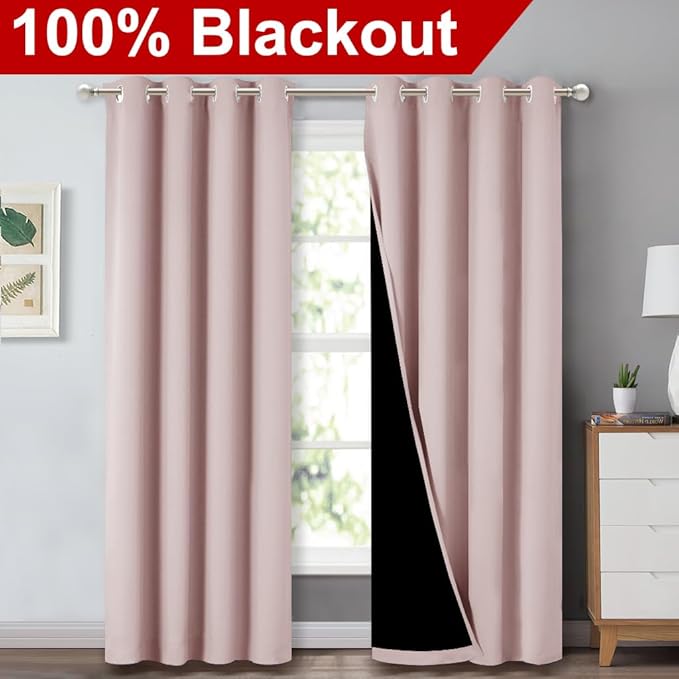 NICETOWN 100% Blackout Window Curtain Panels 84" Long, Blush Pink, 2 Pieces