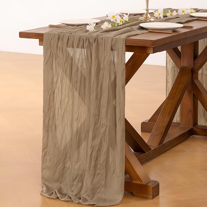 Socomi 6pcs Nude Brown Cheesecloth Table Runner Fall Thanksgiving Boho Rustic Gauze 120 inch 10FT Cheese Cloth Runner for Wedding Party Baby Shower Birthday Home Decor Holiday Decorations