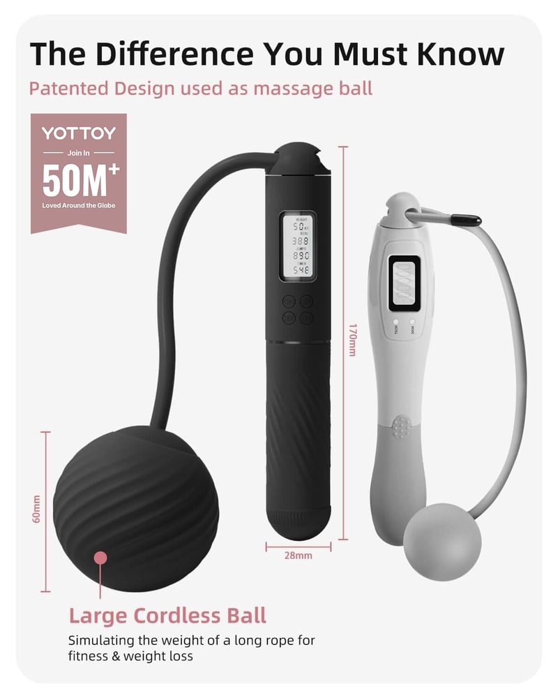 YOTTOY Cordless Jump Rope with Counter - Ropeless Rope 2 In 1 with Large Cordless Ball-Weighted Jump Rope for Women with LCD Display (Black)