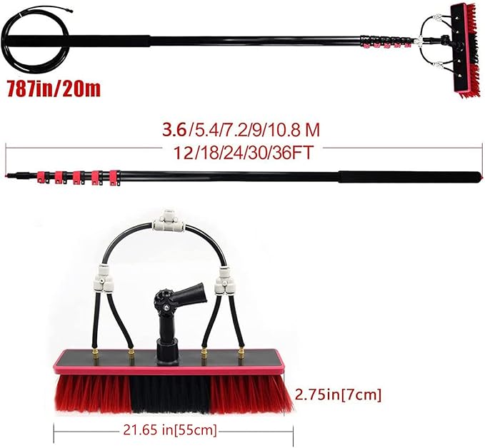Telescopic Cleaning Brush, Multi-Purpose Water Spray Brush, Solar Panel Cleaning Equipment, Telescopic Hydrocleaner, 3.6m-10.8m, Roof Cleaning Tools Window Cleaner Kit,36ft/10.8m-55cmBrushhead