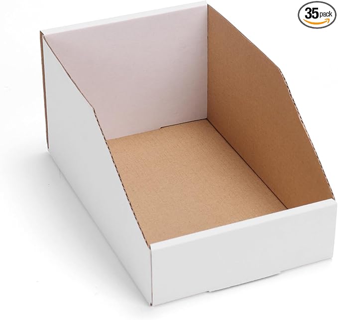 EXYGLO Cardboard Storage Bins 35 Pack, 9.4x6x4.5 Inch Cardboard Boxes, Corrugated Organizer Bins for Pantry, Shelves, Garage, Office, Shop, White