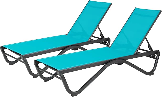 Kozyard Outdoor Chaise Lounge Chair, All Aluminum Frame, Fully Flat Adjustable Reclining Patio Lounger for Poolside, Sunbathing & Backyard, Textilene (Aqua, 2Chairs)
