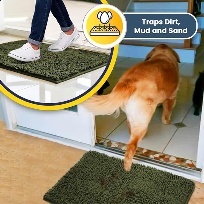 Muddy Mat® | Super Water Absorbent Door Mat Indoor, Microfiber Quick Dry Chenille Entryway Rug, Slip Resistant Front Door Mat, Indoor Mats for Entryway, Machine Washable Pet Rug, Army Green 24" x 72"