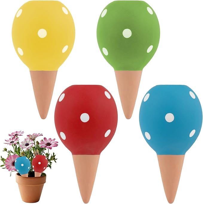 4 Pack Terracotta Watering Spikes, Vacation Self-Watering Planters Devices, Continuous Moisture with Slow Release Watering System Small Ball Shape