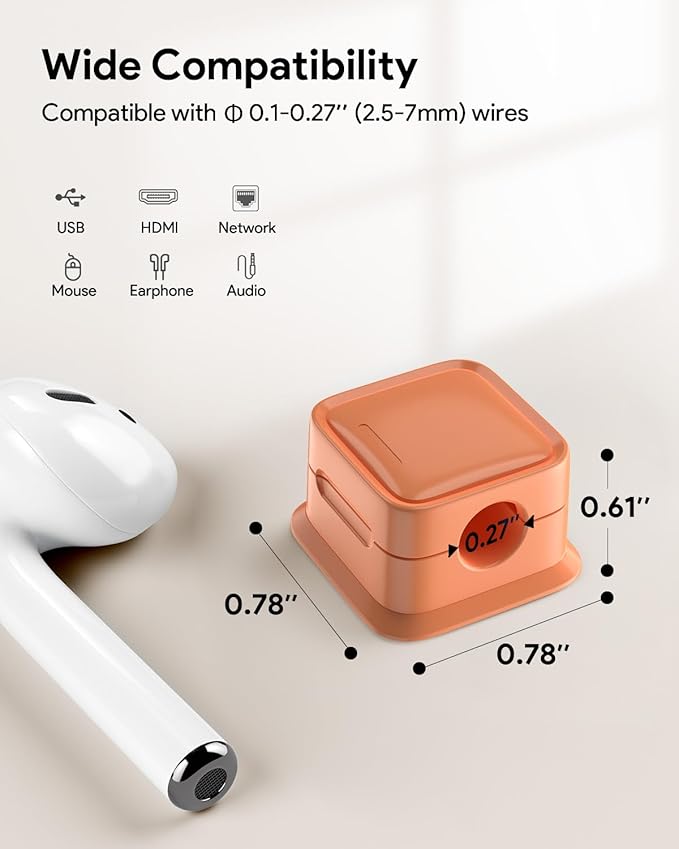 8 Pack Magnetic Cord Organizer, Easy Secure Adhesive Cable Management, Wire Holder Keeper, Hide Or Organize Phone USB Charger Cable, Orange