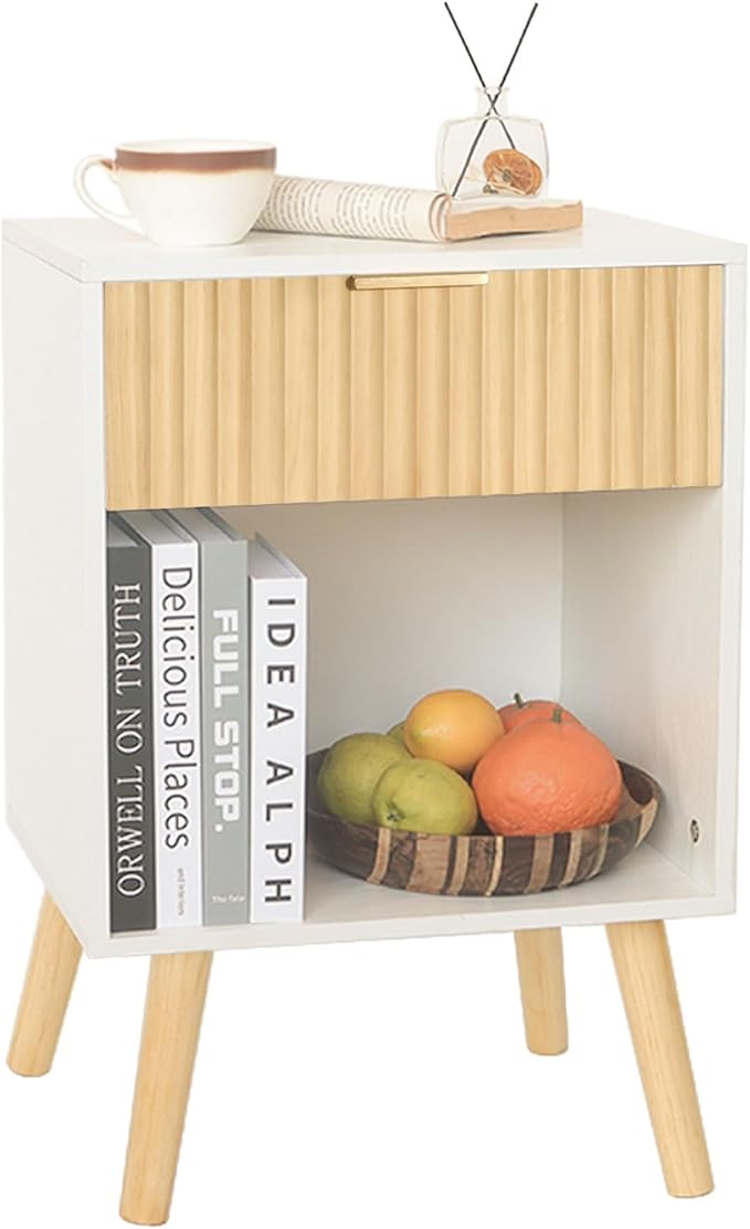 Nightstand, Modern Bedside Table with Drawer and Open Shelf, Fluted Night Stand with Solid Wood Legs for Bedroom, Living Room, Office (White Oak)