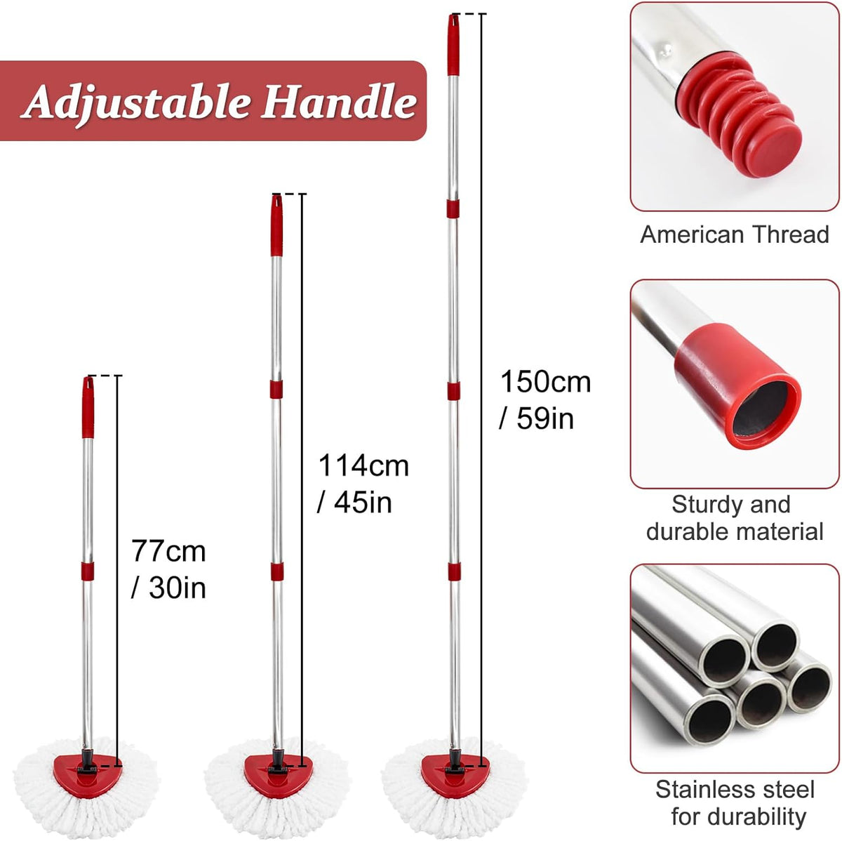 Spin Mop Handle Replacement for Ocedar, Mop Heads Replacements Compatible with O-Cedar EasyWring 1-Tank System, Include 4-Section Handle, 2 Replace Heads,1 Scrub Brush, 1 Base for O Cedar Spin Mops