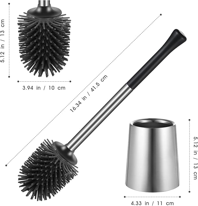 HAMITOR Toilet Bowl Brush Holder Set: Silicone Stainless Steel Deep Cleaning Toilet Cleaner Brush for Bathroom Restroom - Compact Modern Rv Toilet Scrubber Accessories with Caddy