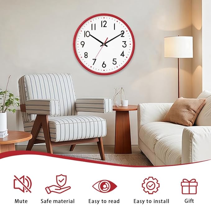HZDHCLH Wall Clock Red, Silent Wall Clocks Battery Operated 12 Inch Modern Non