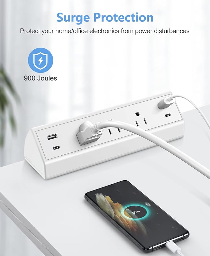 Jgstkcity Desk Clamp Power Strip,40W Total Fast Charging Station,2 PD 20W USB C Ports,Desk Edge Mount Surge Protector for Home, Office,3 Outlets,Fit 1.96" Tabletop Edge,ETL Listed,White