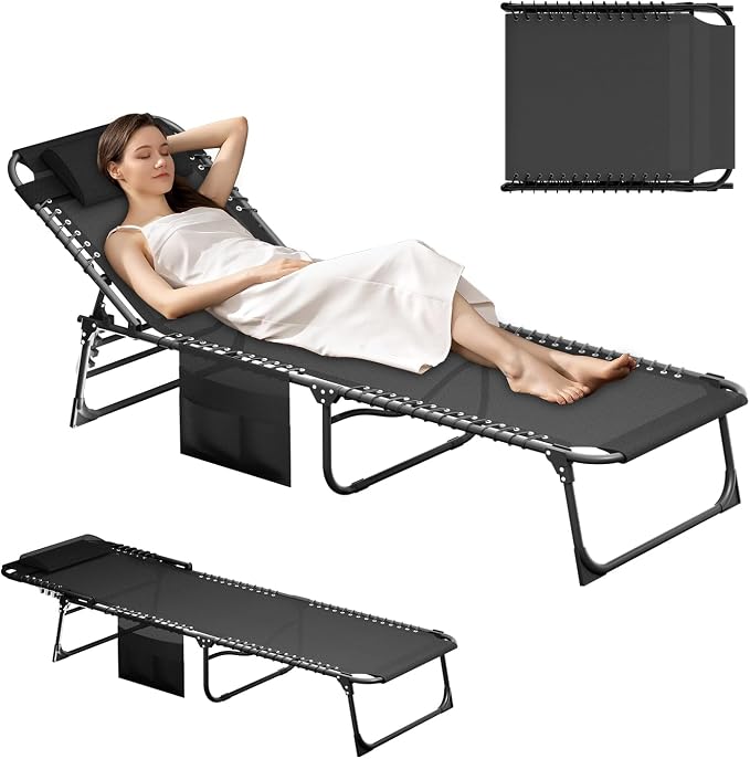 EBE Folding Lounge Chair, Outdoor Adjustable Chaise Lounge Chair, Portable Tanning Chaise with Detachable Pillow and Side Pocket, Reclining Chairs for Pool Beach Patio Sunbathing, Black