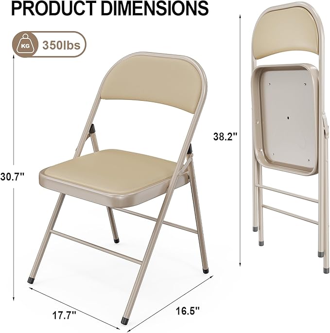 VINGLI 4 Pack Folding Chairs with Padded Seats, Metal Frame with Pu Leather Seat & Back, Capacity 350 lbs, Set of 4, Khaki