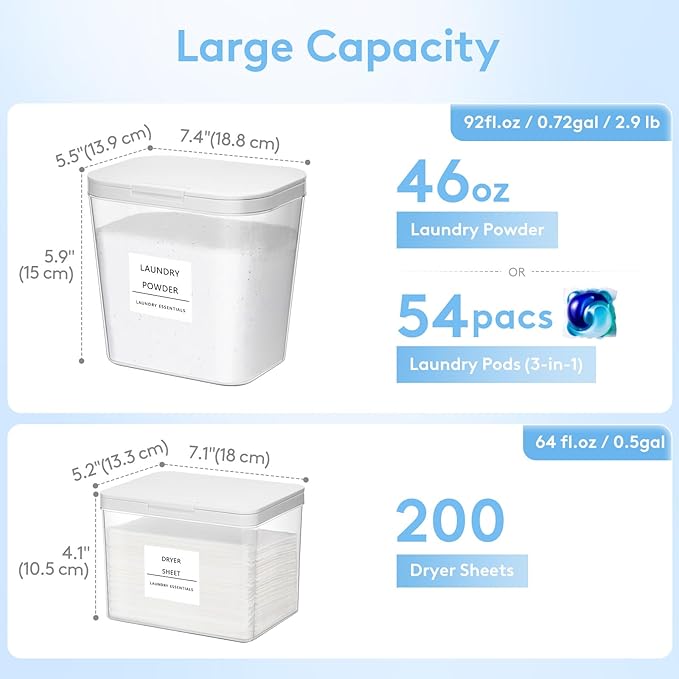Lifewit 2+1 Laundry Pods Container & Dryer Sheet Holder, Large Powder Detergent Dispenser Storage Jars, Laundry Room Containers for Scent Booster Beads with Pop up Lids, Labels and Scoop