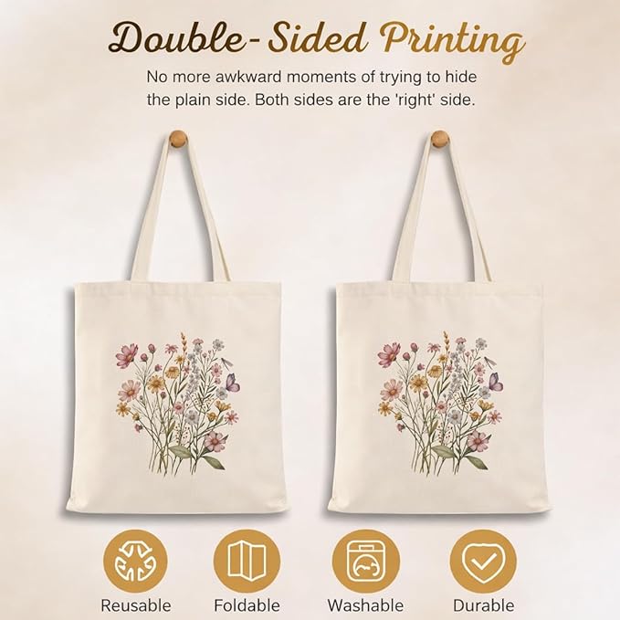 Floral Canvas Tote, Women Weekend Bags, Reusable Grocery Canvas Bag, Large Two Sided Printing Tote Bags