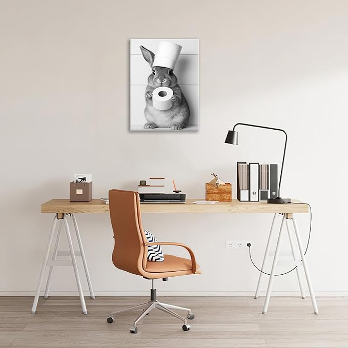 Bunny Bathroom Wall Art, Rabbit Pictures Wall Decor, Animal Canvas Prints Painting, Framed Artwork For Bathroom Living Room Bedroom Office Dining Room 16"X12"