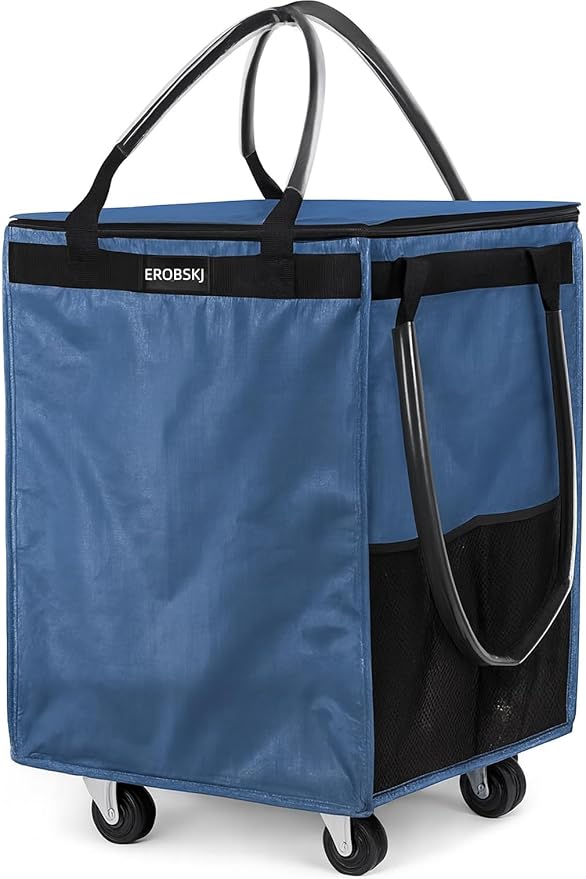 (Medium,Blue) Reusable Grocery Bag on Wheels, 70L Foldable Rolling Tote, Carries Up to 66 lbs Shopping Trolley, Zipper Clouser Shopping Carts for Trips, Laundry, 4 Heavy Duty Wheels and 3 Handles