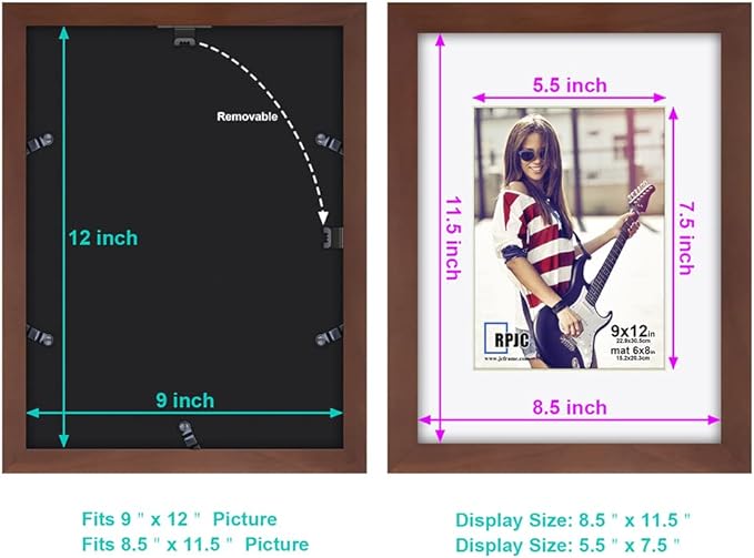 RPJC 9 x 12 Picture Frames Made of Solid Wood and High Definition Glass Display Pictures 6x8 with Mat or 9x12 Without Mat for Wall Mounting Photo Frame Brown