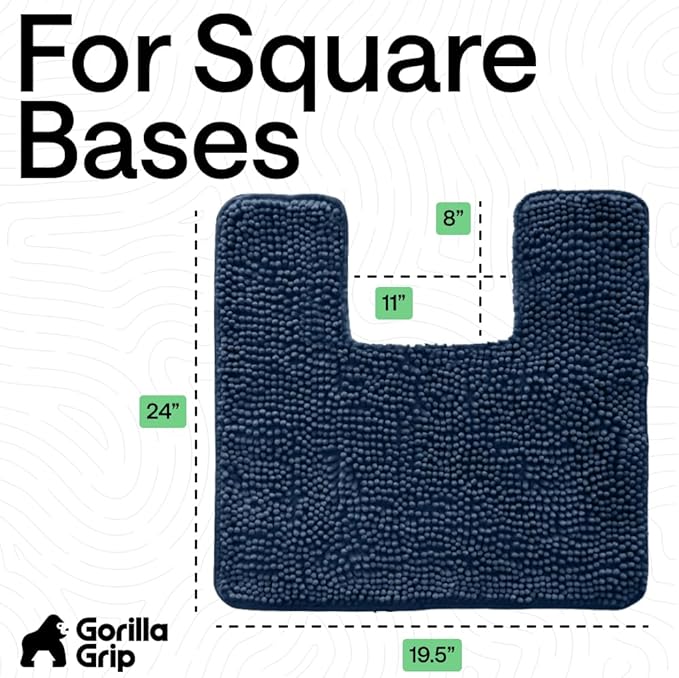 GORILLA GRIP Plush Absorbent Shaggy Chenille Bath Rug Mat for Square Toilet Base with Rubber Backing, Machine Washable Rugs, Soft Microfiber Contour Mats for Toilets, Bathroom Decor, Navy