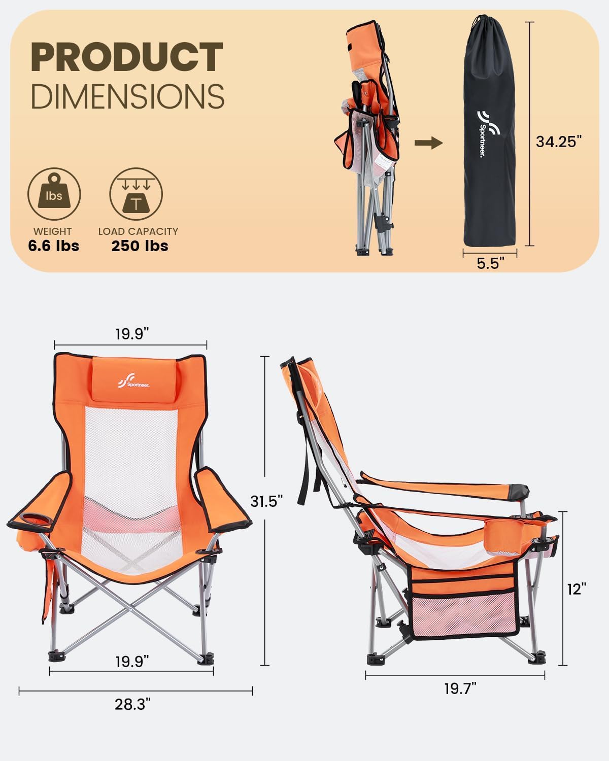 Sportneer Portable Beach Chair - Reclining Position with Cup Holder & Side Pocket | Compact Folding Design for Camping & Festivals