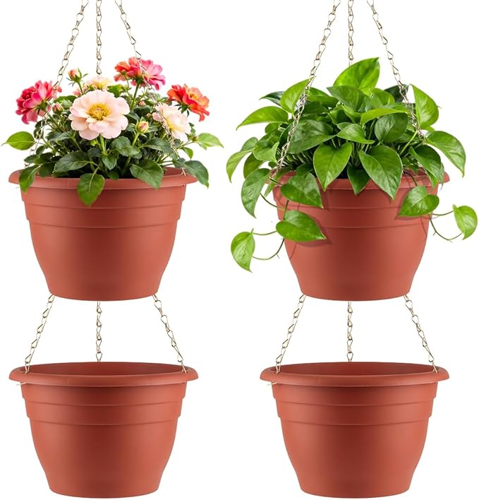 RooTrimmer Hanging Planters 10 Inch, 4 Pcs Flower Pots with Drainage Hole, Self Watering Hanging Basket for Indoor Outdoor Plants, Decor, Pottery Red