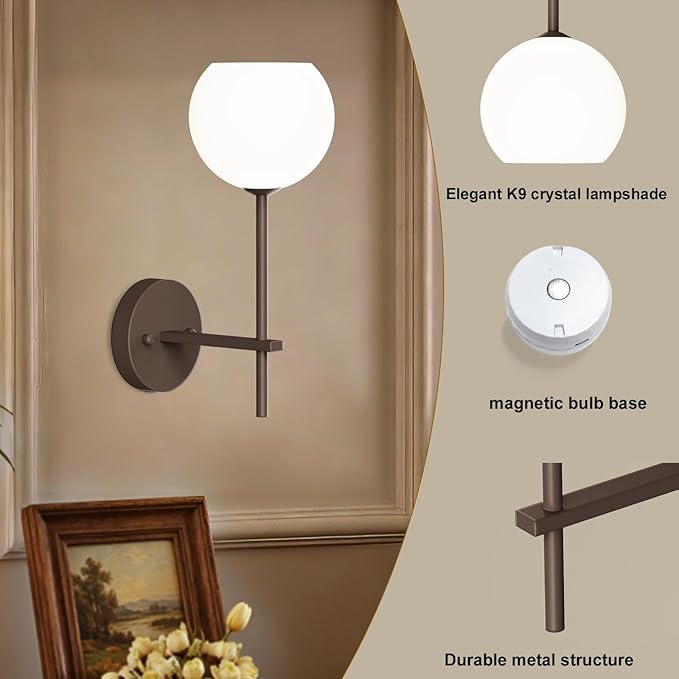 Brown Battery Operated Wall Sconces Set of 2, Rechargeable Wireless Wall Lights