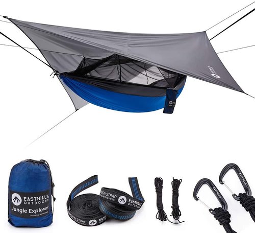 Easthills Outdoors Jungle Explorer 118" x 79" Double Camping Hammock Lightweight Rip-Stop Parachute Nylon 2 Person Hammocks with Removable Bug Net, Tree Straps and Tarp Blue