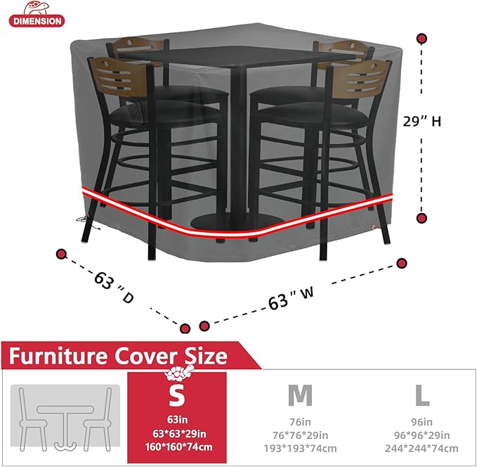 Turtle Life Patio Furniture Sets Cover, Heavy Duty Square Durable Waterproof Outdoor UV Resistant Anti-Fading Dining Table Chairs Furniture Cover, Black, 63"L x 63"W x 29"H