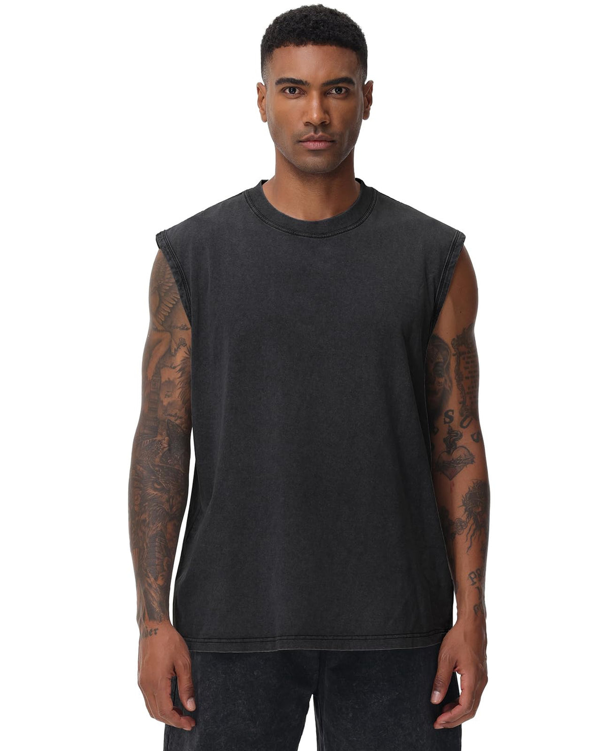SnowElve 4 Pack Mens Workout Tank Tops Sleeveless Tee Shirts Men Muscle Shirt Gym Acid Wash T Shirts Running Beach Loose Fit Tee(BKGYCFBG,3XL)