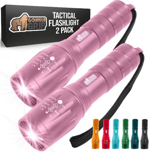 Gorilla Grip Tactical Flashlight - 750 FT Water Resistant, 5 Adjustable Modes, Ultra Bright, 2 Pack, Pink