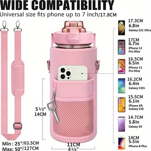 Crownnie Queen 64oz/Half Gallon Water Bottle Carrier Bag Holder with Adjustable Shoulder Strap 2 Pocket Sling Neoprene Sleeve, Crossbody Sports Accessories for Gym, Sports, Outdoor (Pink)