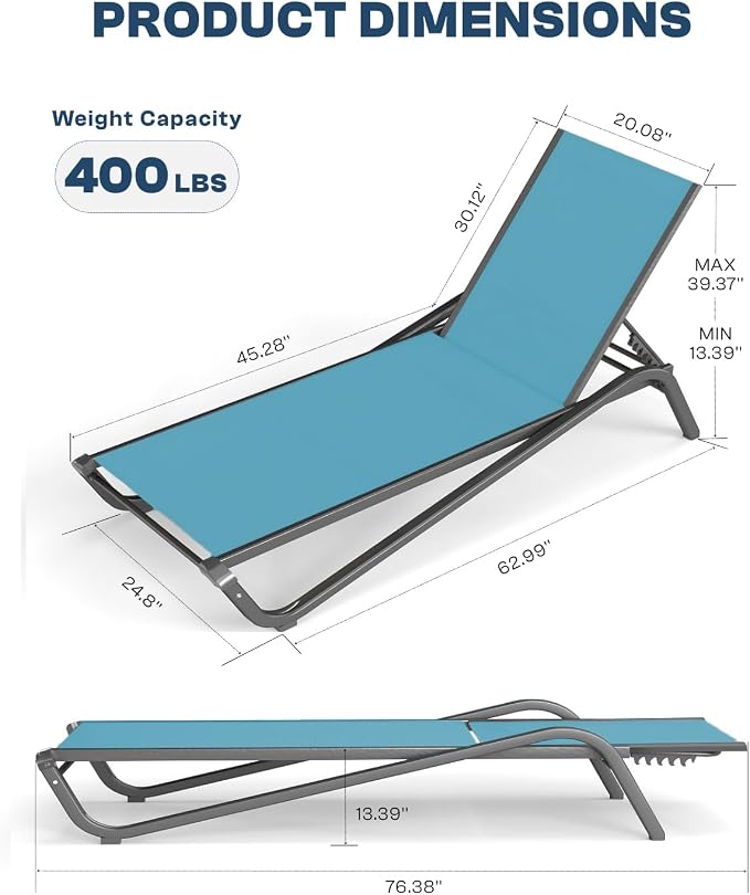 Adjustable Patio Chaise Lounge Chair, Outdoor Pool Lounger for Sunbathing & Tanning, All-Weather Textilene Sun Bed for Beach, Porch & Deck, Rust-Proof Aluminum Frame, Sky Blue