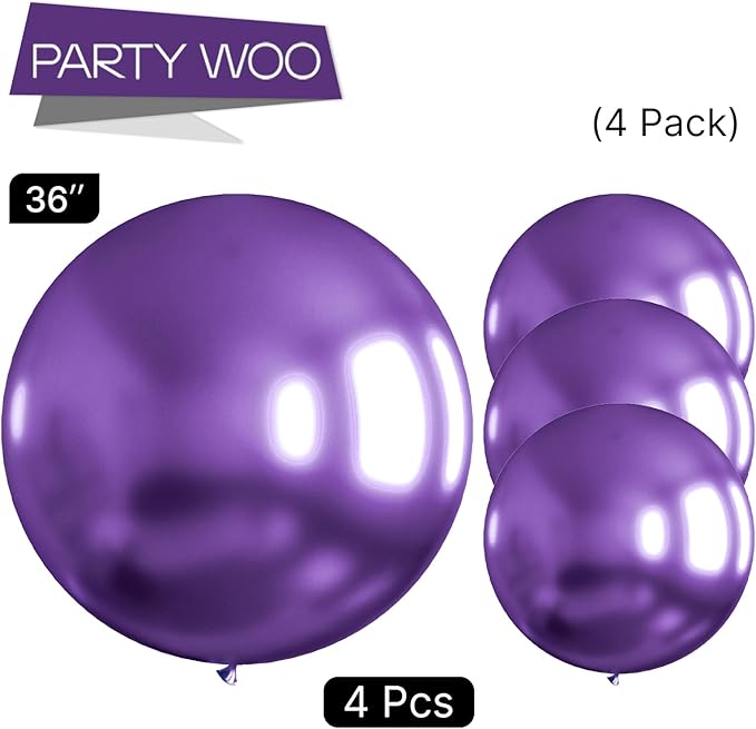 PartyWoo Metallic Purple Balloons 4pcs 36 Inch Chrome Purple Latex Helium Balloons for Mardi Gras Graduation Wedding Bachelorette Baby Shower Anniversary Birthday Party Decorations Purple-G105