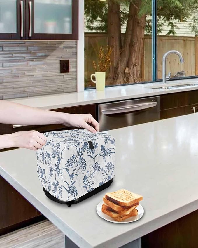 Toaster Cover 4 Slice Blue Leaves Toaster Oven Cover with Pockets Fruit Floral Plant Dustproof Bakeware Protector Small Kitchen Appliance Dust Covers and Fingerprint Protection for Women