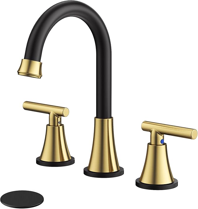 Bathroom Faucets for Sink 3 Hole, Hurran Black& Gold Bathroom Sink Faucet with Pop-up Drain and Supply Lines, Stainless Steel Lead-Free Widespread Faucet for Vanity RV Farmhouse Sink