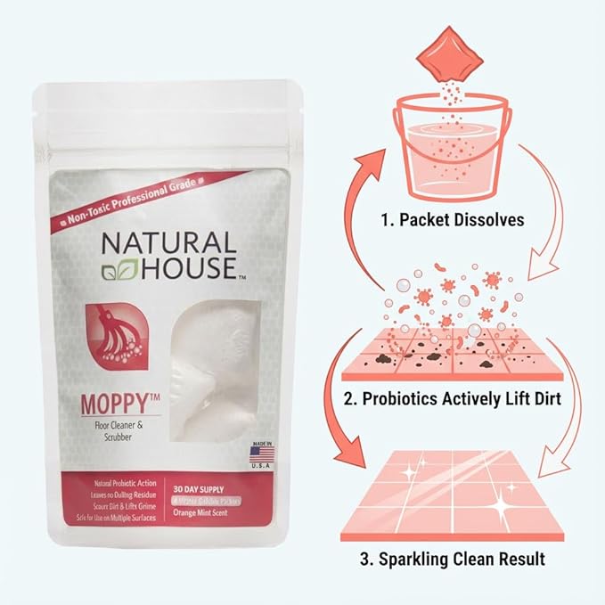 Natural House Moppy - Probiotic Floor Cleaner Pods - No Residue Formula - Multi-Surface Safe - Orange Mint Scent - 120 Count