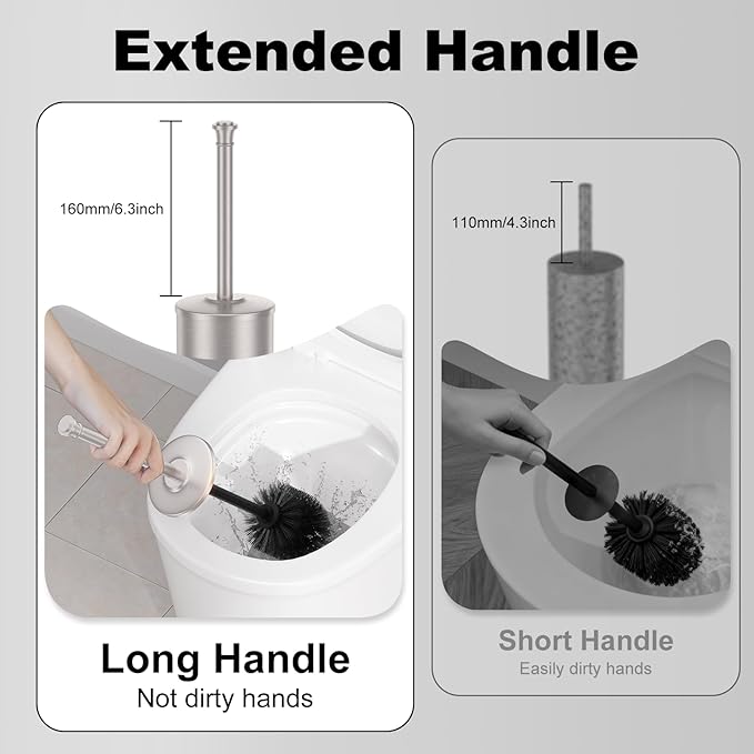 Stain Nickel Toilet Brush and Holder，Extra Long Handled Toilet Brush for Bathroom，Stainless Steel Heavy Duty Toilet Bowl Brush,Removable Inner Bowl,Deep Cleaning Dense Bristles Brush -Space Saving