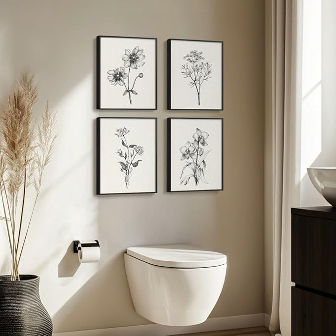 Framed Black and White Bathroom Wall Art, 4 Piece Vintage Floral Canvas Prints