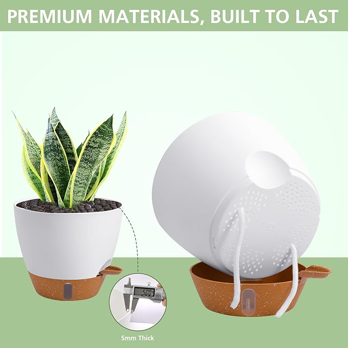 Self Watering Planters Set with Water Level Indicator, 12" 10" 9" 8" Large Plastic Flower Pots with Mesh Drainage Hole and Removable Saucer Reservoir for Indoor Outdoor Plants (White)