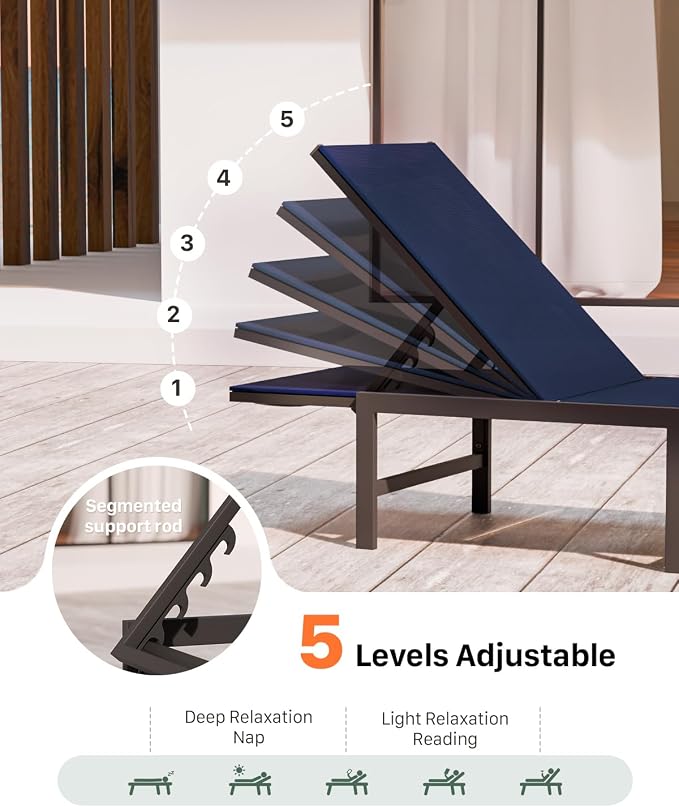 Patio Lounge Chair, Aluminum,5 Adjustable Backrest,1 PieceNavyBlue | Lightweight rustproof aluminum.5 adjustable backrest positions.Breathable quick-dry fabric.For poolside,beach,lawn,backyard.