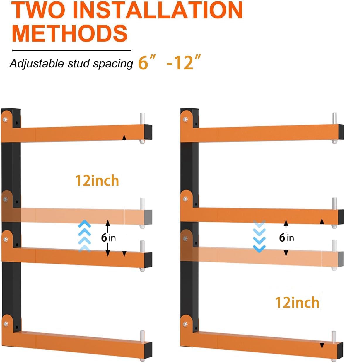 Lumber Storage Rack Wall-Mounted Lumber Racks Heavy Duty Wood Storage Rack with 9-Level Holds Up 1080 LB Sturdy Folding Garage Wood Organizer Orange Shelving Metal Shelf for Indoor & Outdoor- 6 Pack