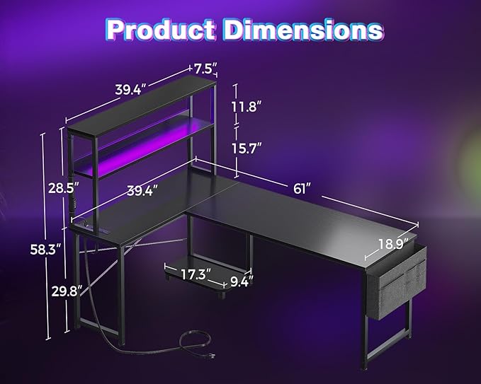 AODK L Shaped Desk Gaming Desk with LED Light & Power Outlet, 61 Inch Reversible L Shaped Computer Table with Shelf & Storage Bag & Hook for Home Office, Black